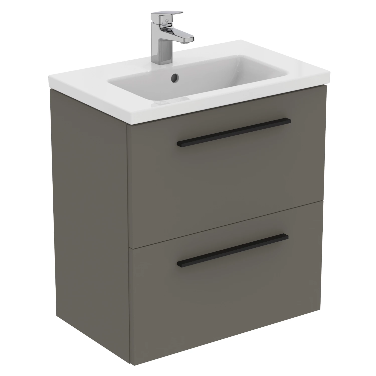 Ideal Standard I.life S 600mm Wall Mounted 2 Drawer Compact Vanity Unit & Basin - Quartz Grey Matt With Black Handles 7 Ideal Standard I.life S 600mm Wall Mounted 2 Drawer Compact Vanity Unit & Basin - Quartz Grey Matt With Black Handles - Image 5