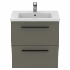 Ideal Standard I.life S 600mm Wall Mounted 2 Drawer Compact Vanity Unit & Basin - Quartz Grey Matt With Black Handles 16 Ideal Standard I.life S 600mm Wall Mounted 2 Drawer Compact Vanity Unit & Basin - Quartz Grey Matt With Black Handles -TAP WAREHOUSE Shop i.life s 600 wall 2 drawer vanity unit quartz black front