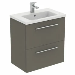 Ideal Standard I.life S 600mm Wall Mounted 2 Drawer Compact Vanity Unit & Basin - Quartz Grey Matt With Black Handles 17 Ideal Standard I.life S 600mm Wall Mounted 2 Drawer Compact Vanity Unit & Basin - Quartz Grey Matt With Black Handles -TAP WAREHOUSE Shop i.life s 600 wall 2 drawer vanity unit quartz chrome cutout