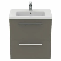 Ideal Standard I.life S 600mm Wall Mounted 2 Drawer Compact Vanity Unit & Basin - Quartz Grey Matt With Black Handles 18 Ideal Standard I.life S 600mm Wall Mounted 2 Drawer Compact Vanity Unit & Basin - Quartz Grey Matt With Black Handles -TAP WAREHOUSE Shop i.life s 600 wall 2 drawer vanity unit quartz chrome front
