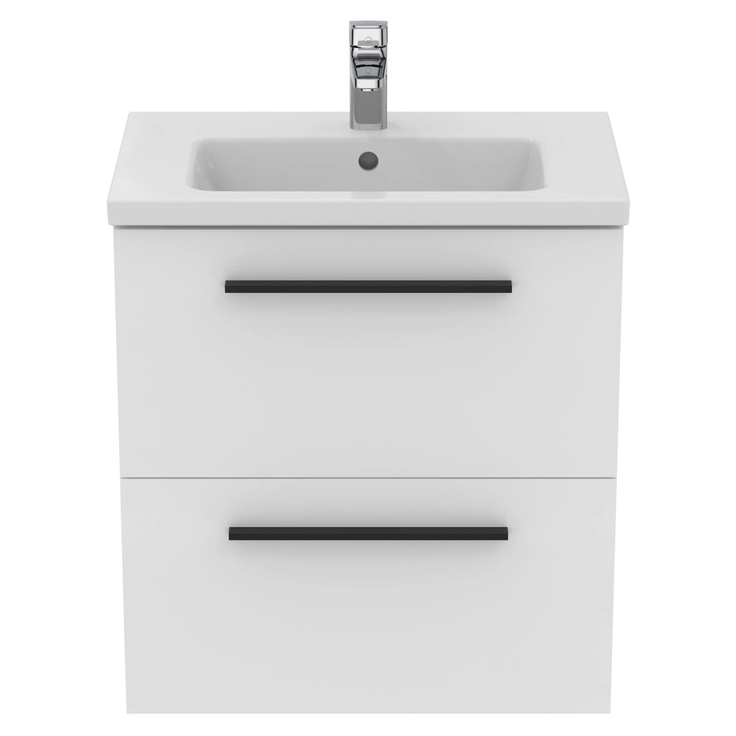 Ideal Standard I.life S 600mm Wall Mounted 2 Drawer Compact Vanity Unit & Basin - Quartz Grey Matt With Black Handles 4 Ideal Standard I.life S 600mm Wall Mounted 2 Drawer Compact Vanity Unit & Basin - Quartz Grey Matt With Black Handles - Image 2