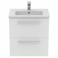 Ideal Standard I.life S 600mm Wall Mounted 2 Drawer Compact Vanity Unit & Basin - Quartz Grey Matt With Black Handles 14 Ideal Standard I.life S 600mm Wall Mounted 2 Drawer Compact Vanity Unit & Basin - Quartz Grey Matt With Black Handles -TAP WAREHOUSE Shop i.life s 600 wall 2 drawer vanity unit white chrome front