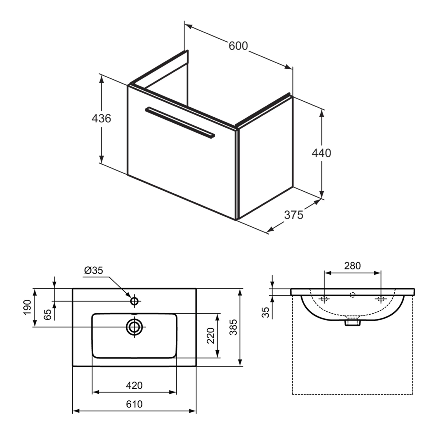 Ideal Standard I.life S 600mm Wall Mounted 1 Drawer Compact Vanity Unit & Basin - Quartz Grey Matt With Brushed Chrome Handle 15 Ideal Standard I.life S 600mm Wall Mounted 1 Drawer Compact Vanity Unit & Basin - Quartz Grey Matt With Brushed Chrome Handle - Image 13
