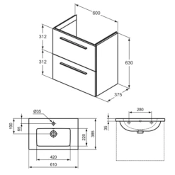 Ideal Standard I.life S 600mm Wall Mounted 2 Drawer Compact Vanity Unit & Basin - Quartz Grey Matt With Black Handles 19 Ideal Standard I.life S 600mm Wall Mounted 2 Drawer Compact Vanity Unit & Basin - Quartz Grey Matt With Black Handles -TAP WAREHOUSE Shop i.life s 600 wall hung 2 drawer vanity unit basin tech