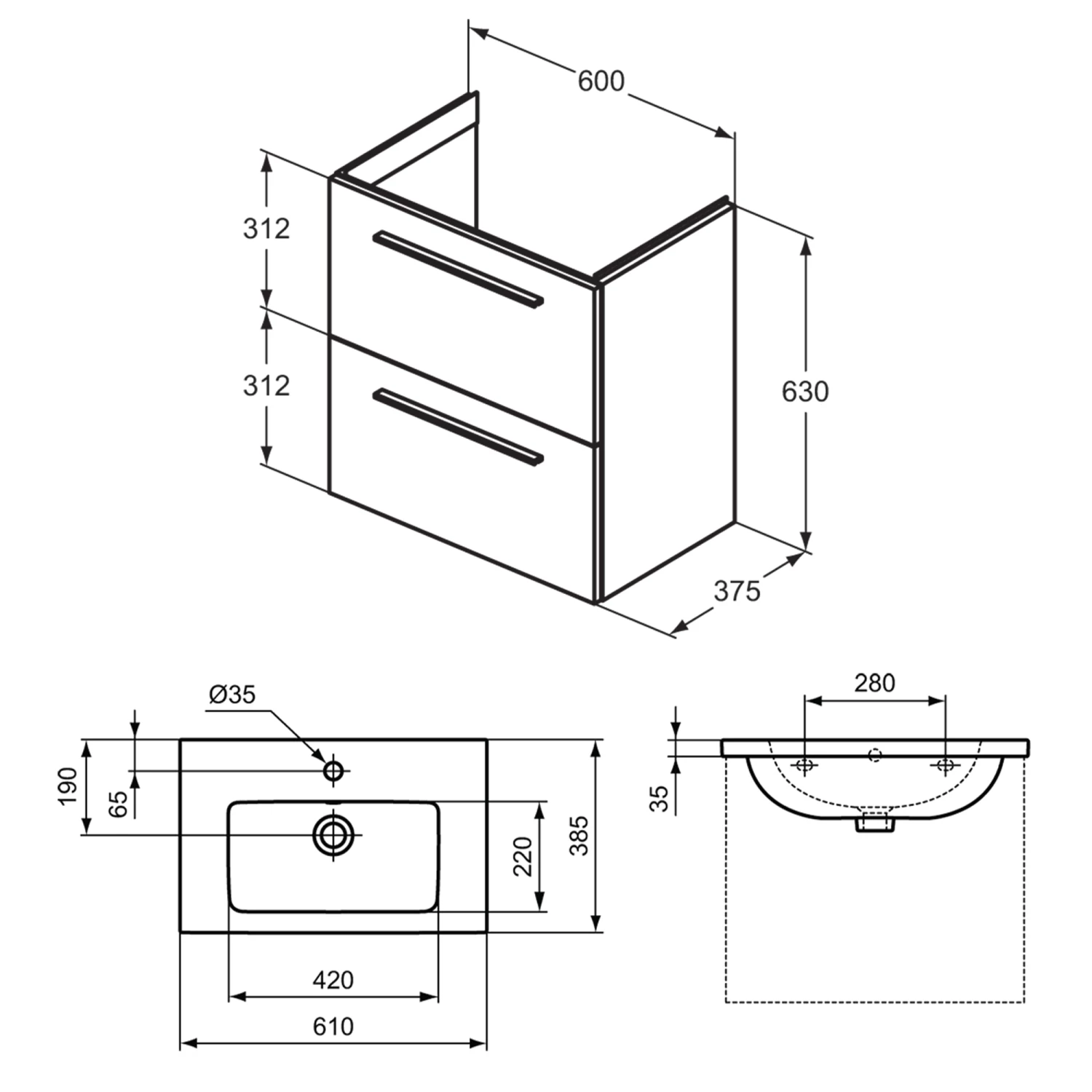 Ideal Standard I.life S 600mm Wall Mounted 2 Drawer Compact Vanity Unit & Basin - Quartz Grey Matt With Black Handles 11 Ideal Standard I.life S 600mm Wall Mounted 2 Drawer Compact Vanity Unit & Basin - Quartz Grey Matt With Black Handles - Image 9