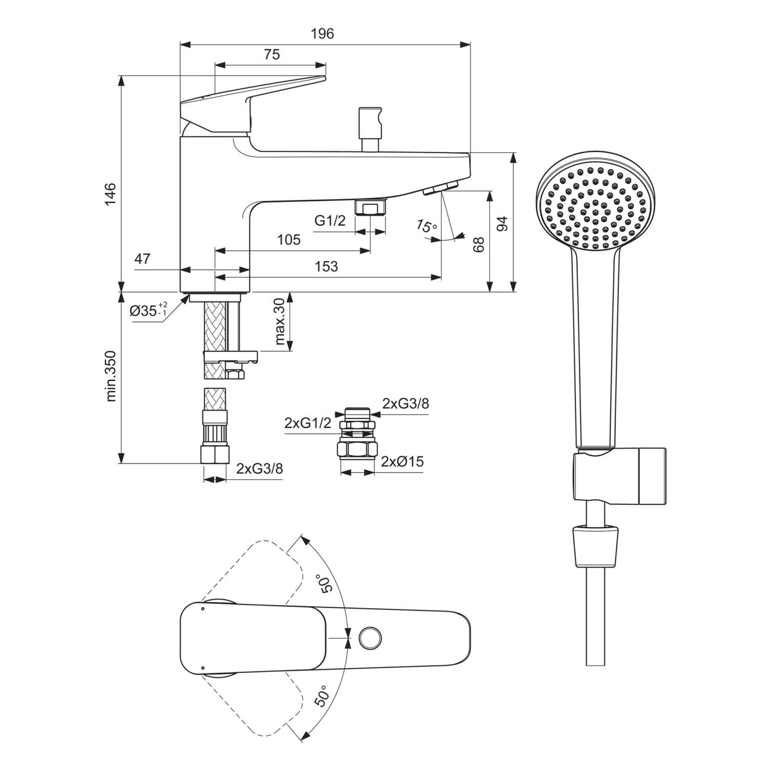 Ideal Standard Ceraplan Mono Bath Shower Mixer & Shower Kit 6 Ideal Standard Ceraplan Mono Bath Shower Mixer & Shower Kit - Image 4