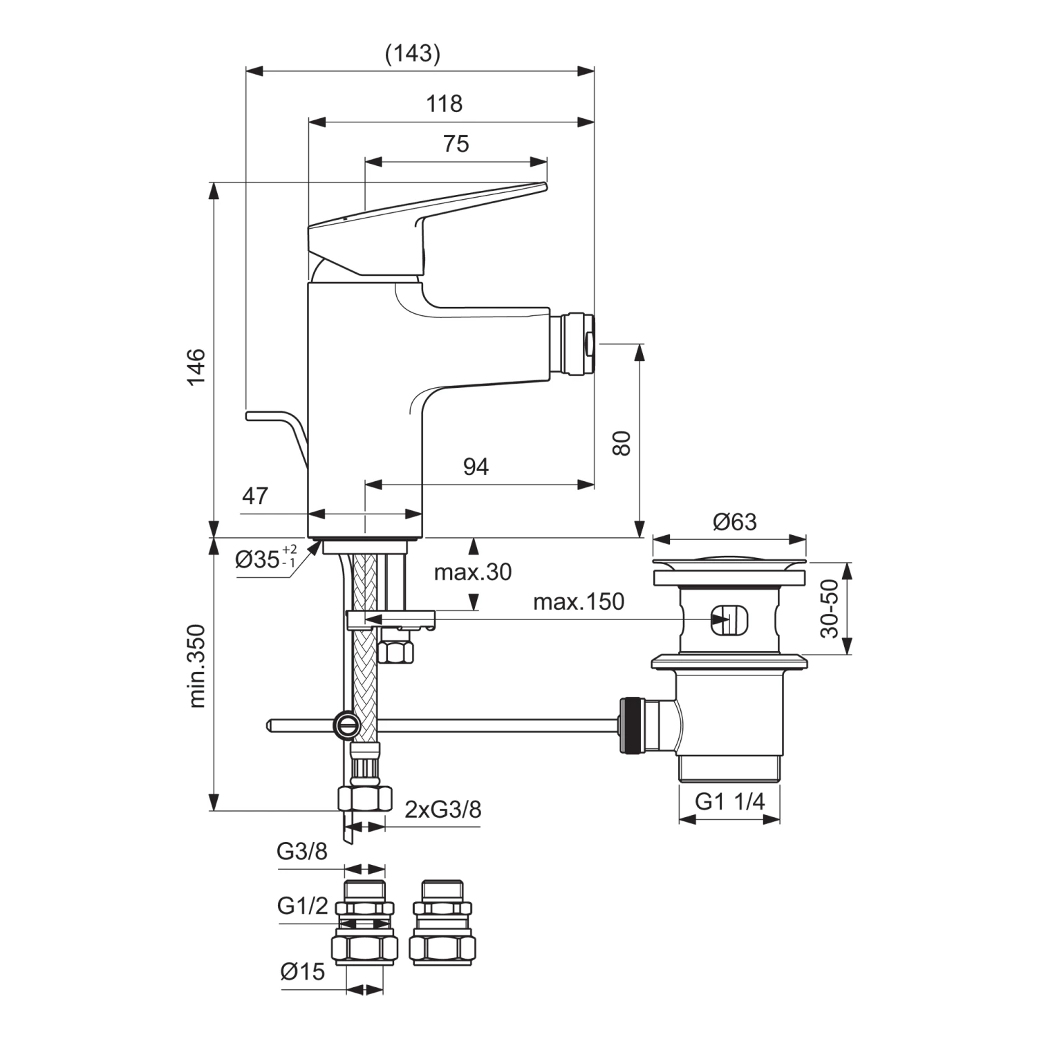 Ideal Standard Ceraplan Bidet Mixer Tap With Pop-Up Waste 7 Ideal Standard Ceraplan Bidet Mixer Tap With Pop-Up Waste - Image 5