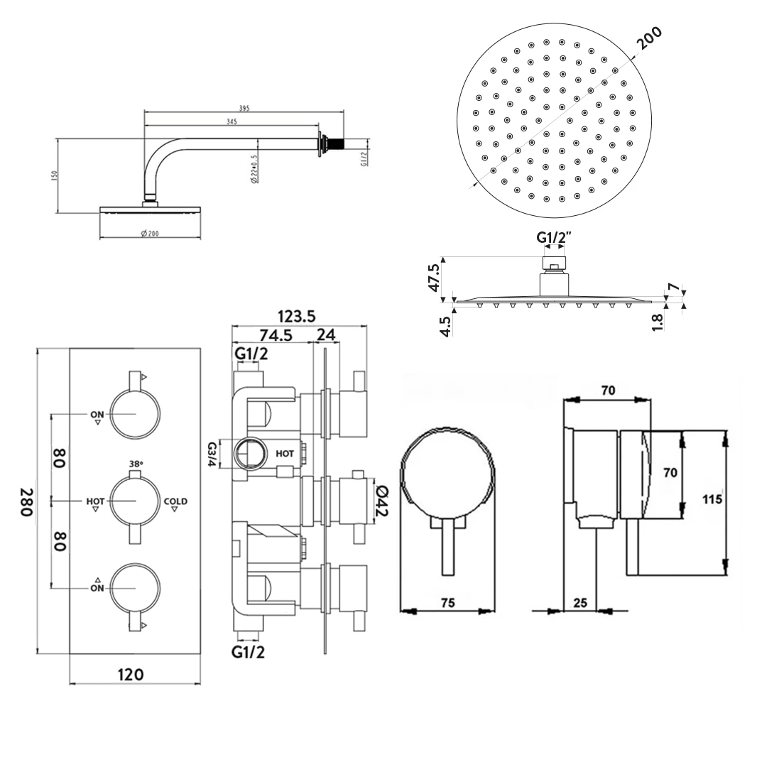 Imogen Concealed Shower Valve, 400mm Fixed Shower Head, 380mm Curved Wall Shower Arm & Overflow Bath Filler With Clicker Waste 9 Imogen Concealed Shower Valve, 400mm Fixed Shower Head, 380mm Curved Wall Shower Arm & Overflow Bath Filler With Clicker Waste - Image 7
