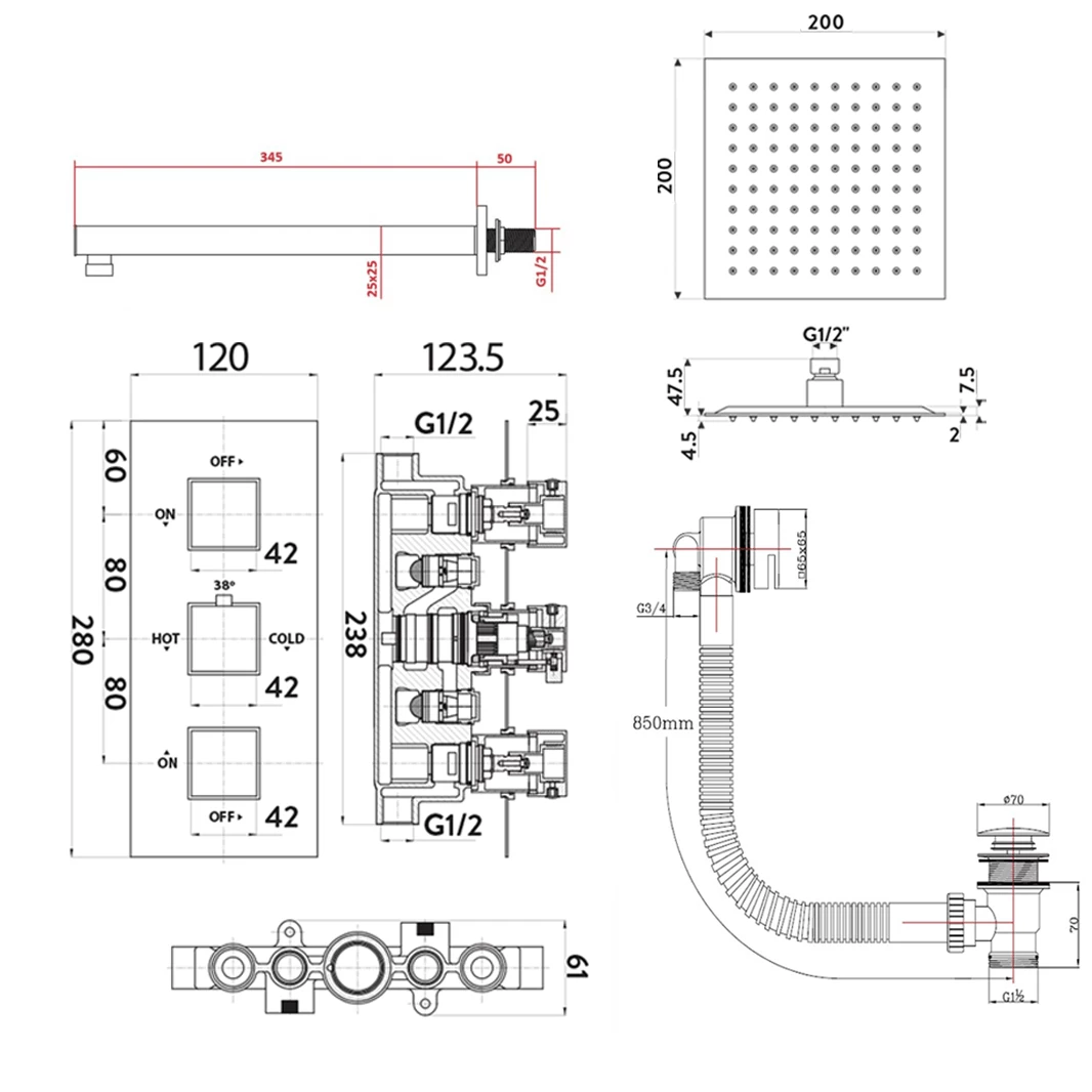 Jake Concealed Shower Valve, 400mm Fixed Shower Head, 360mm Ceiling Shower Arm & Overflow Bath Filler 8 Jake Concealed Shower Valve, 400mm Fixed Shower Head, 360mm Ceiling Shower Arm & Overflow Bath Filler - Image 6