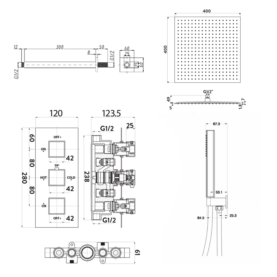 James Concealed Shower Valve, Fixed Head & Shower Handset Kit - 180mm Arm 8 James Concealed Shower Valve, Fixed Head & Shower Handset Kit - 180mm Arm - Image 6