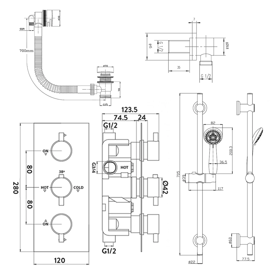 Jemima Concealed Shower Valve, Slide Rail Kit & Overflow Bath Filler - Pop-up Waste 6 Jemima Concealed Shower Valve, Slide Rail Kit & Overflow Bath Filler - Pop-up Waste - Image 4