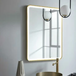 HIX LED Illuminated Brushed Brass Framed Mirror With Demister Pad & Colour Change Lights - 600 X 800mm 18 HIX LED Illuminated Brushed Brass Framed Mirror With Demister Pad & Colour Change Lights - 600 X 800mm -TAP WAREHOUSE Shop just taps hix brushed brass 600x800mm mirror light and demister lifestyle