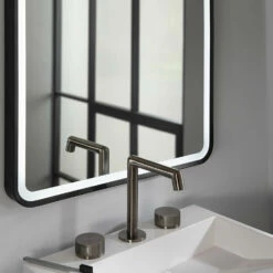 HIX LED Illuminated Brushed Brass Framed Mirror With Demister Pad & Colour Change Lights - 600 X 800mm 20 HIX LED Illuminated Brushed Brass Framed Mirror With Demister Pad & Colour Change Lights - 600 X 800mm -TAP WAREHOUSE Shop just taps hix matt black 600x800mm mirror light and demister lifestyle 2