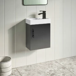 Maisie Compact 400mm Mini Cloakroom Wall Hung Vanity Unit With Black Handle & Basin - Anthracite