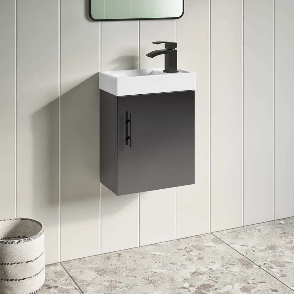 Maisie Compact 400mm Mini Cloakroom Wall Hung Vanity Unit With Black Handle & Basin - Anthracite 3 Maisie Compact 400mm Mini Cloakroom Wall Hung Vanity Unit With Black Handle & Basin - Anthracite