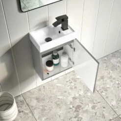 Maisie Compact 400mm Mini Cloakroom Wall Hung Vanity Unit With Black Handle & Basin - Anthracite 10 Maisie Compact 400mm Mini Cloakroom Wall Hung Vanity Unit With Black Handle & Basin - Anthracite -TAP WAREHOUSE Shop lanza anthracite wallhung cloakroom unit black handle lifestyle3