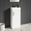 Maisie Compact 400mm Mini Cloakroom Floorstanding Vanity Unit With Black Handle & Basin - Gloss White -TAP WAREHOUSE Shop lanza white floorstanding cloakroom unit black handle lifestyle1