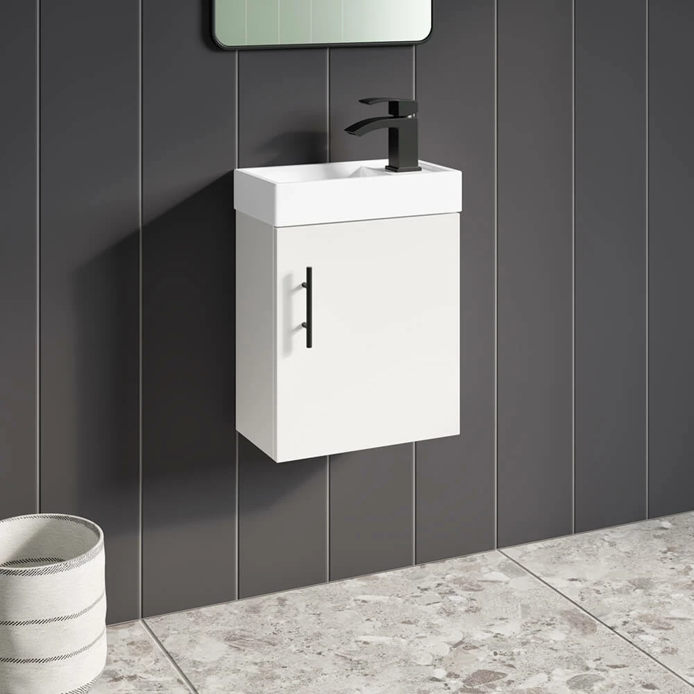 Maisie Compact 400mm Mini Cloakroom Wall Hung Vanity Unit With Black Handle & Basin - Gloss White 3 Maisie Compact 400mm Mini Cloakroom Wall Hung Vanity Unit With Black Handle & Basin - Gloss White