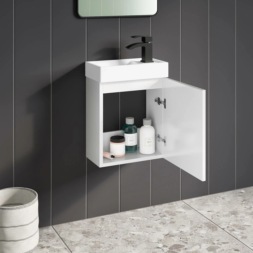 Maisie Compact 400mm Mini Cloakroom Wall Hung Vanity Unit With Black Handle & Basin - Gloss White 4 Maisie Compact 400mm Mini Cloakroom Wall Hung Vanity Unit With Black Handle & Basin - Gloss White - Image 2