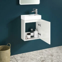 Maisie Compact Wall Mounted 400mm Cloakroom Vanity Unit And Basin - White Gloss -TAP WAREHOUSE Shop lanza white wallhung cloakroom unit chrome handle lifestyle2