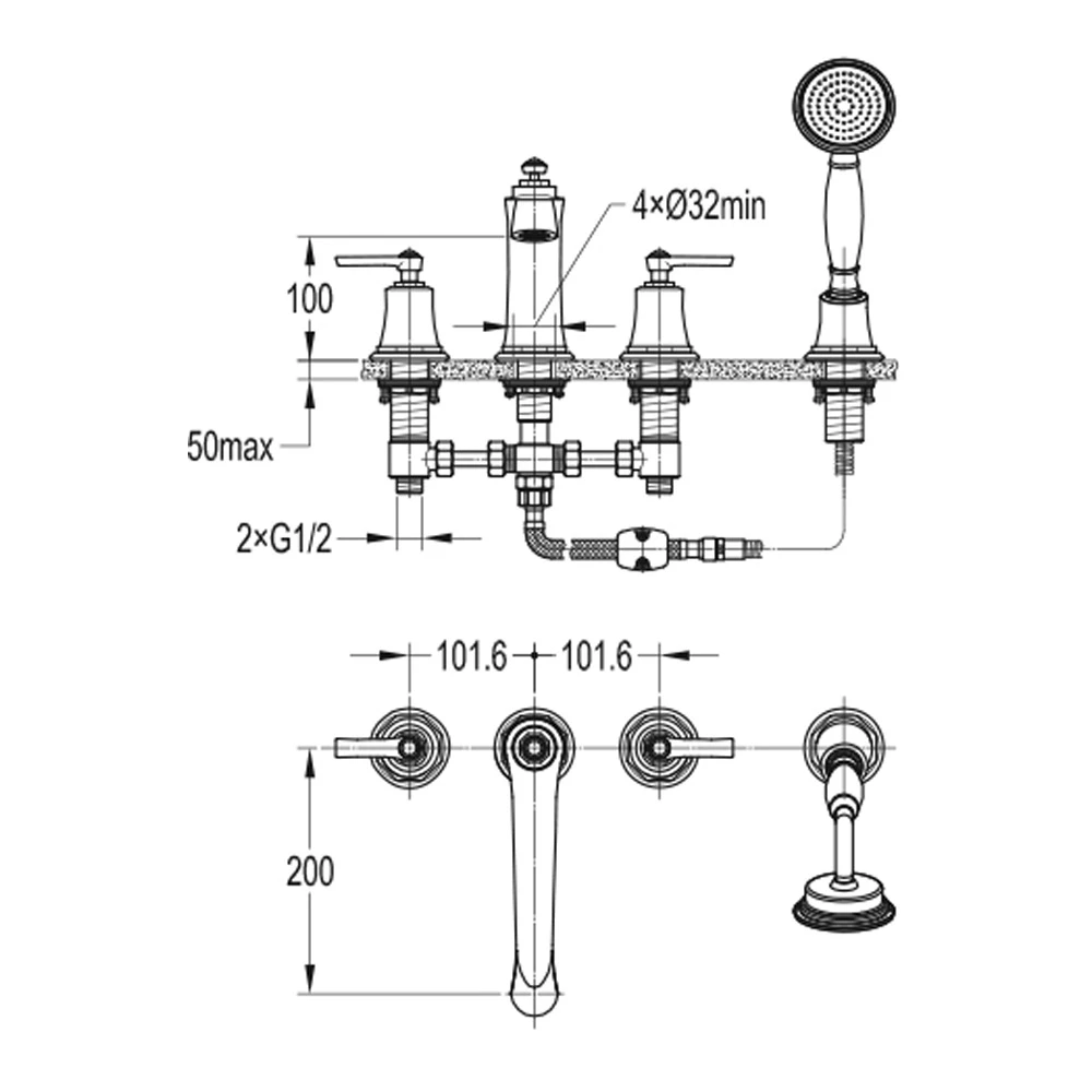 Flova Liberty 4 Hole Deck Mounted Bath Shower Mixer With Pull Out Handset - Chrome 5 Flova Liberty 4 Hole Deck Mounted Bath Shower Mixer With Pull Out Handset - Chrome - Image 3