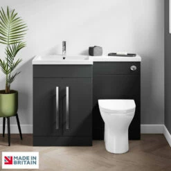 Harbour Icon 1100mm Right Hand Combination Bathroom Toilet & Sink Unit With Harbour Toilet And Cistern - Graphite Grey 17 Harbour Icon 1100mm Right Hand Combination Bathroom Toilet & Sink Unit With Harbour Toilet And Cistern - Graphite Grey -TAP WAREHOUSE Shop lili combination unit matt grey chrome handle lifestyle1 left