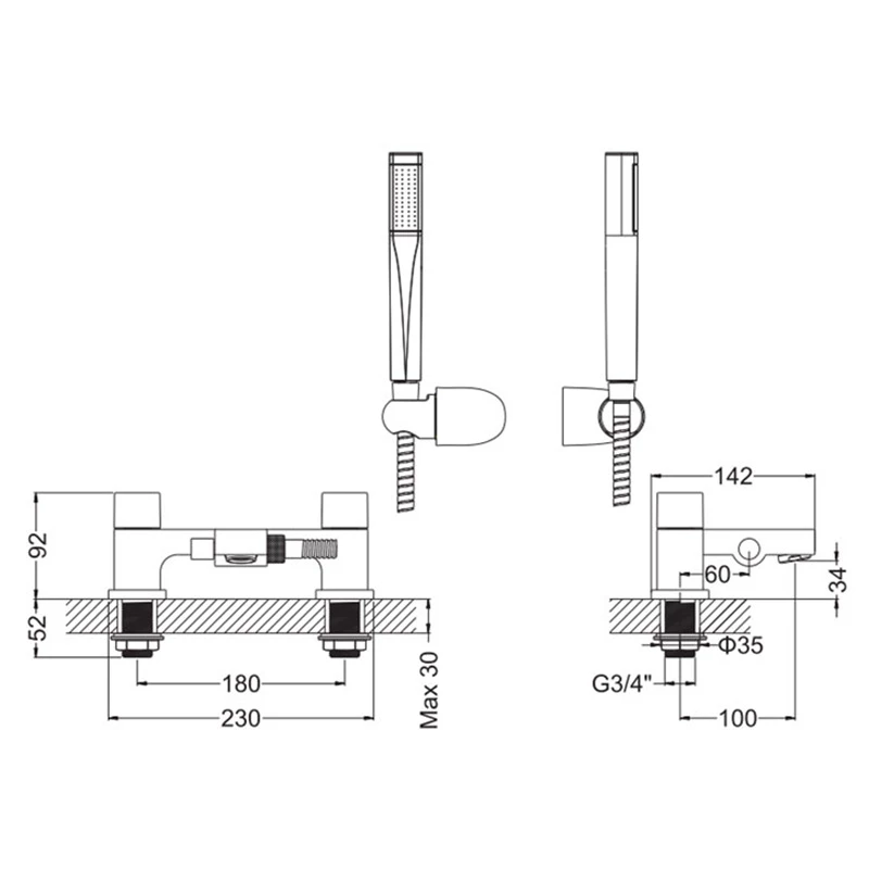 Proflow Altera Deck Mounted Bath Shower Mixer With Handset Kit 4 Proflow Altera Deck Mounted Bath Shower Mixer With Handset Kit - Image 2