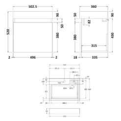 Minnie 500mm Wall Mounted 1 Door Vanity Unit & Polymarble Basin - Natural Oak -TAP WAREHOUSE Shop minnie 500mm wall hung vanity technical drawing