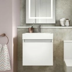 Minnie 500mm Wall Mounted 1 Door Vanity Unit & Polymarble Basin - Gloss White -TAP WAREHOUSE Shop minnie 500mm wall mounted white vanity and basin lifestyle 2