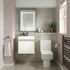 Minnie 500mm Wall Mounted 1 Door Vanity Unit & Polymarble Basin - Gloss White -TAP WAREHOUSE Shop minnie 500mm wall mounted white vanity and basin lifestyle