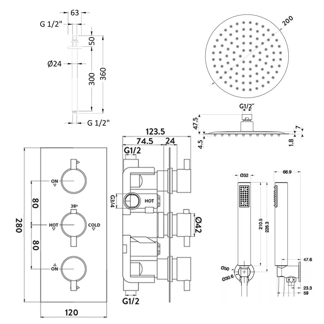 Nina Concealed Shower Valve, 300mm Head & Handset - 300mm Wall Arm 9 Nina Concealed Shower Valve, 300mm Head & Handset - 300mm Wall Arm - Image 7