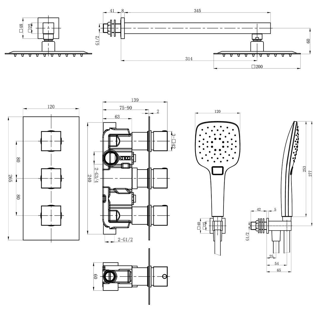 Noir Matt Black Square Concealed Shower System With Fixed Head & Wall Mounted Shower Handset 6 Noir Matt Black Square Concealed Shower System With Fixed Head & Wall Mounted Shower Handset - Image 4