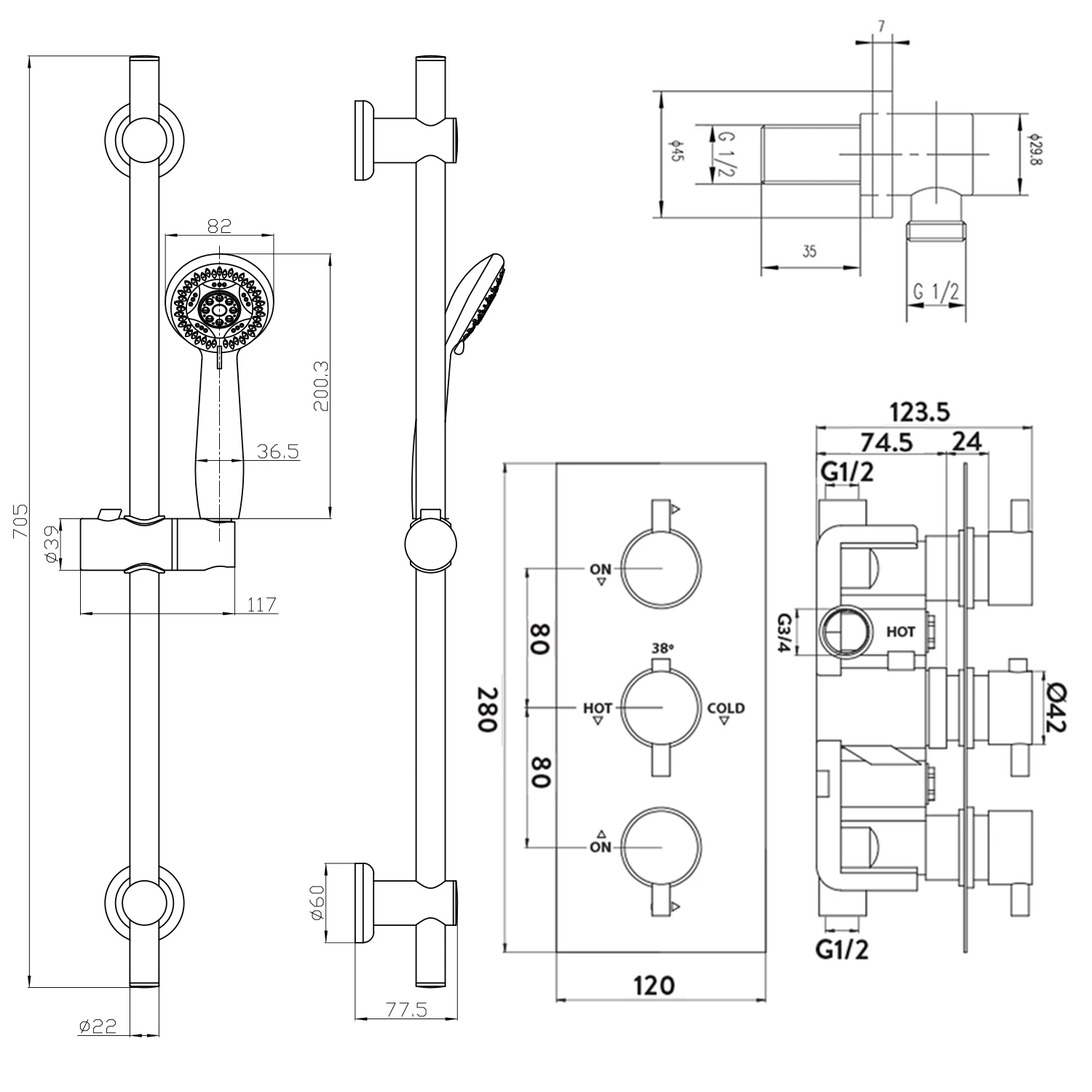 Orla Concealed Shower Valve, 400mm Fixed Head & Slide Rail Kit - 380mm Curved Wall Shower Arm 9 Orla Concealed Shower Valve, 400mm Fixed Head & Slide Rail Kit - 380mm Curved Wall Shower Arm - Image 7