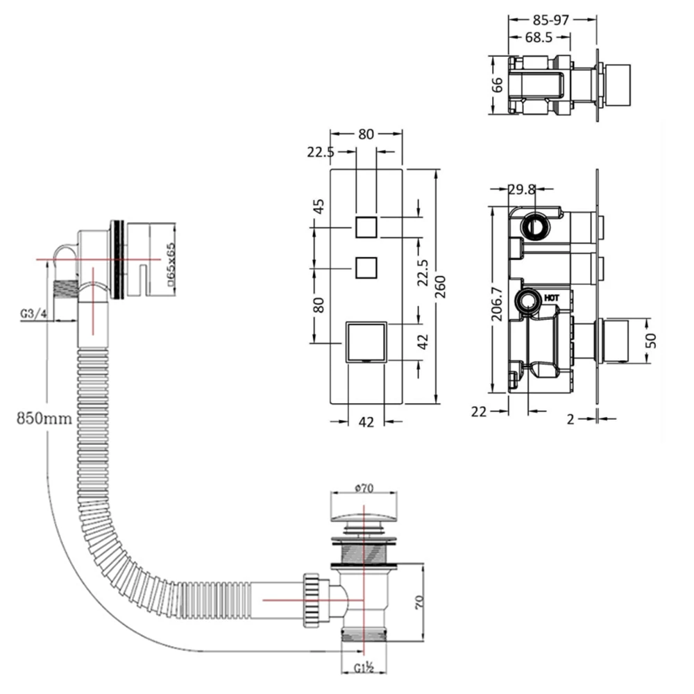 Ross Concealed Thermostatic Push Button Shower Valve, 400mm Fixed Head & Overflow Bath Filler - 300mm Wall Arm 8 Ross Concealed Thermostatic Push Button Shower Valve, 400mm Fixed Head & Overflow Bath Filler - 300mm Wall Arm - Image 6