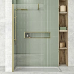 Harbour I8 760 8mm 2m Tall Easy Clean Wetroom Panel - Brushed Brass 6 Harbour I8 760 8mm 2m Tall Easy Clean Wetroom Panel - Brushed Brass -TAP WAREHOUSE Shop scudo brushed brass single walkin wetroom panel lifestyle