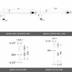 Melanie Concealed Shower Valve, 380mm Curved Wall Mounted Arm & 300mm Fixed Shower Head -TAP WAREHOUSE Shop shower arm round selection measurements v3 2