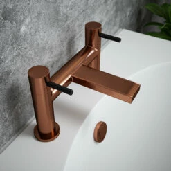 The Tap Factory Vibrance Polished Copper Deck Mounted Bath Filler With Vanto Black Handles 12 The Tap Factory Vibrance Polished Copper Deck Mounted Bath Filler With Vanto Black Handles -TAP WAREHOUSE Shop tap factory brushed copper bath filler black handles lifestyle