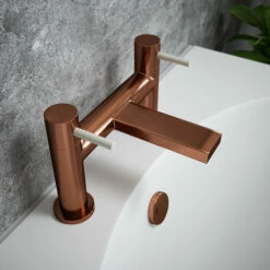 The Tap Factory Vibrance Polished Copper Deck Mounted Bath Filler With Vanto Black Handles 11 The Tap Factory Vibrance Polished Copper Deck Mounted Bath Filler With Vanto Black Handles -TAP WAREHOUSE Shop tap factory brushed copper bath filler ivory handles lifestyle