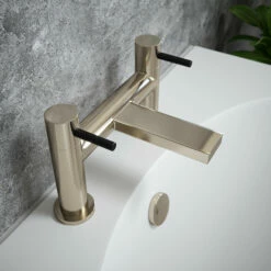 The Tap Factory Vibrance Brushed Nickel Deck Mounted Bath Filler With Brushed Brass Handles -TAP WAREHOUSE Shop tap factory brushed nickel bath filler black handles lifestyle