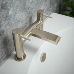 The Tap Factory Vibrance Brushed Nickel Deck Mounted Bath Filler With Brushed Brass Handles -TAP WAREHOUSE Shop tap factory brushed nickel bath filler ivory handles lifestyle