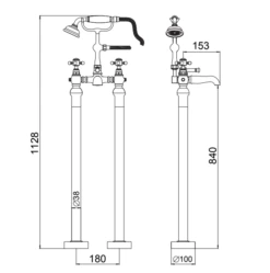 Butler & Rose Harrogate Freestanding Bath Shower Mixer With Shower Kit 7 Butler & Rose Harrogate Freestanding Bath Shower Mixer With Shower Kit -TAP WAREHOUSE Shop tap199 tech drawing