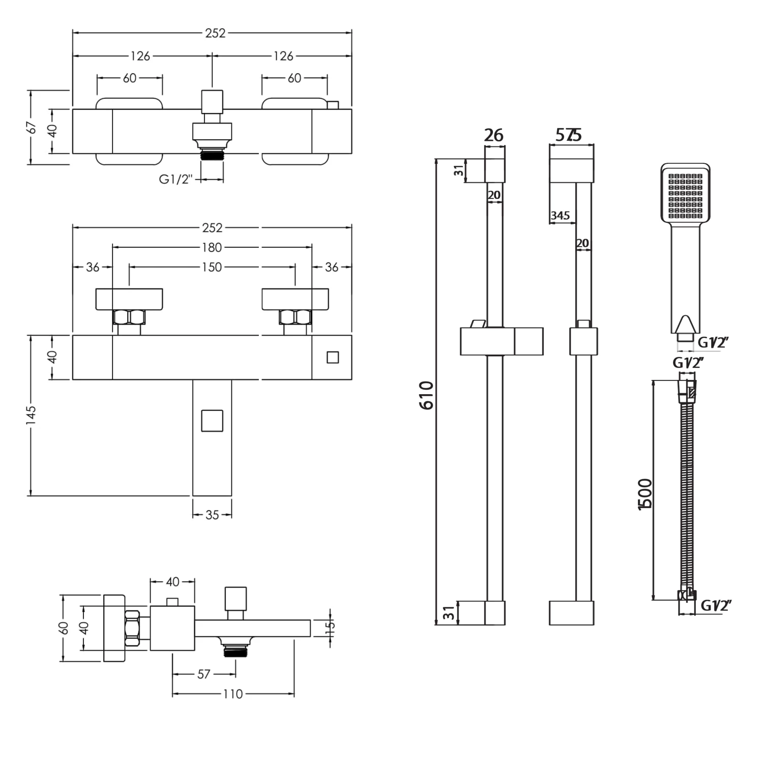 Taylor Square Thermostatic Bath Shower Mixer & Slide Rail Kit 5 Taylor Square Thermostatic Bath Shower Mixer & Slide Rail Kit - Image 3