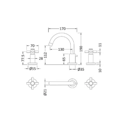 Hudson Reed Tec Crosshead 3 Hole Basin Mixer -TAP WAREHOUSE Shop tex337 technical drawing