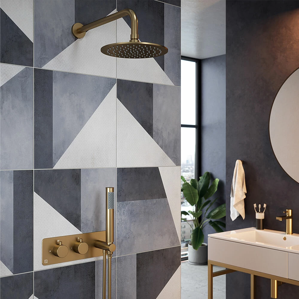 The Tap Factory Vibrance Brushed Brass WRAS Approved Concealed Thermostatic Shower Valve With Fixed Shower Head And Shower Handset 3 The Tap Factory Vibrance Brushed Brass WRAS Approved Concealed Thermostatic Shower Valve With Fixed Shower Head And Shower Handset
