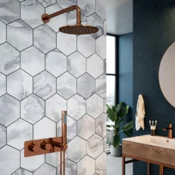 The Tap Factory Vibrance Copper WRAS Approved Concealed Thermostatic Shower Valve With Fixed Shower Head And Shower Handset