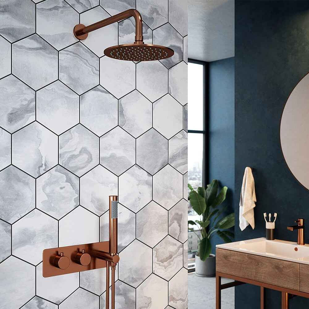 The Tap Factory Vibrance Copper WRAS Approved Concealed Thermostatic Shower Valve With Fixed Shower Head And Shower Handset 3 The Tap Factory Vibrance Copper WRAS Approved Concealed Thermostatic Shower Valve With Fixed Shower Head And Shower Handset