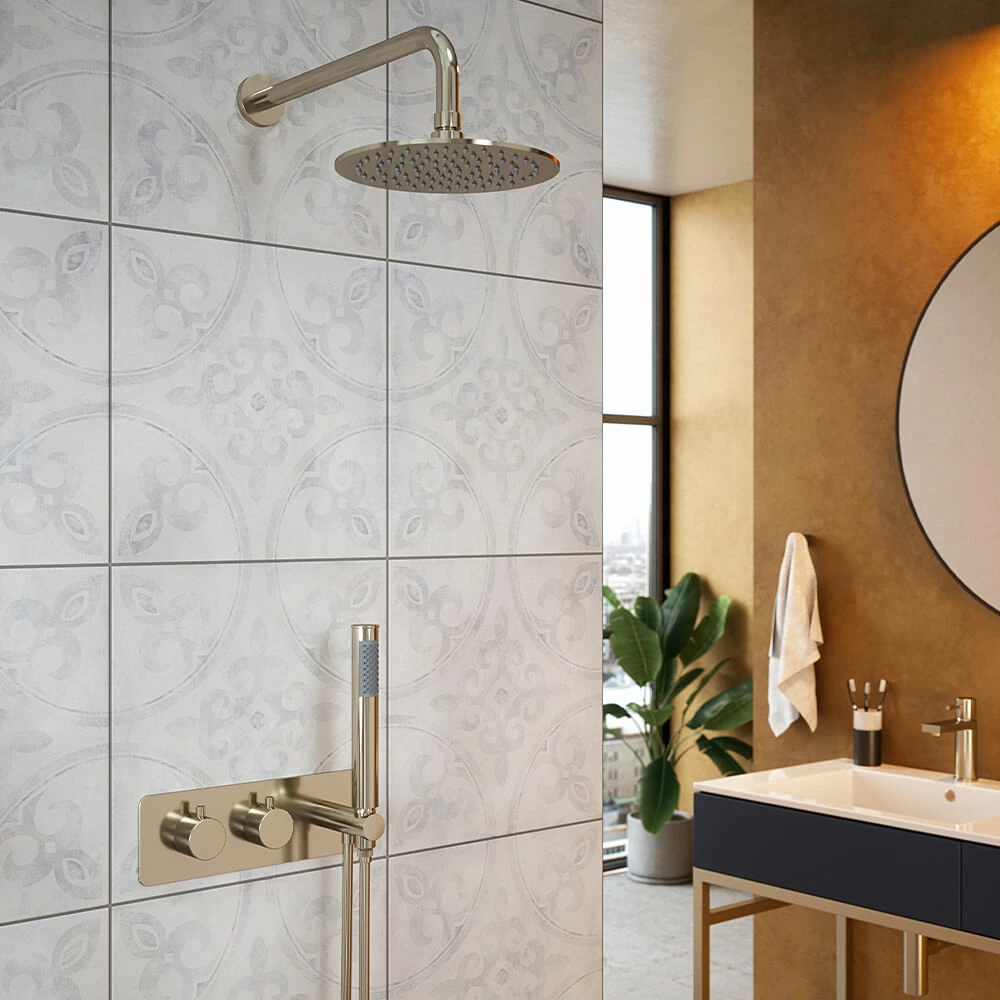 The Tap Factory Vibrance Brushed Nickel WRAS Approved Concealed Thermostatic Shower Valve With Fixed Shower Head And Shower Handset 3 The Tap Factory Vibrance Brushed Nickel WRAS Approved Concealed Thermostatic Shower Valve With Fixed Shower Head And Shower Handset