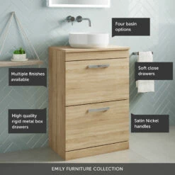Emily 600mm Floorstanding 2 Drawer Unit In Natural Oak And Alana 460mm Countertop Basin 20 Emily 600mm Floorstanding 2 Drawer Unit In Natural Oak And Alana 460mm Countertop Basin -TAP WAREHOUSE Shop top 600 floor 2 drawer call outs