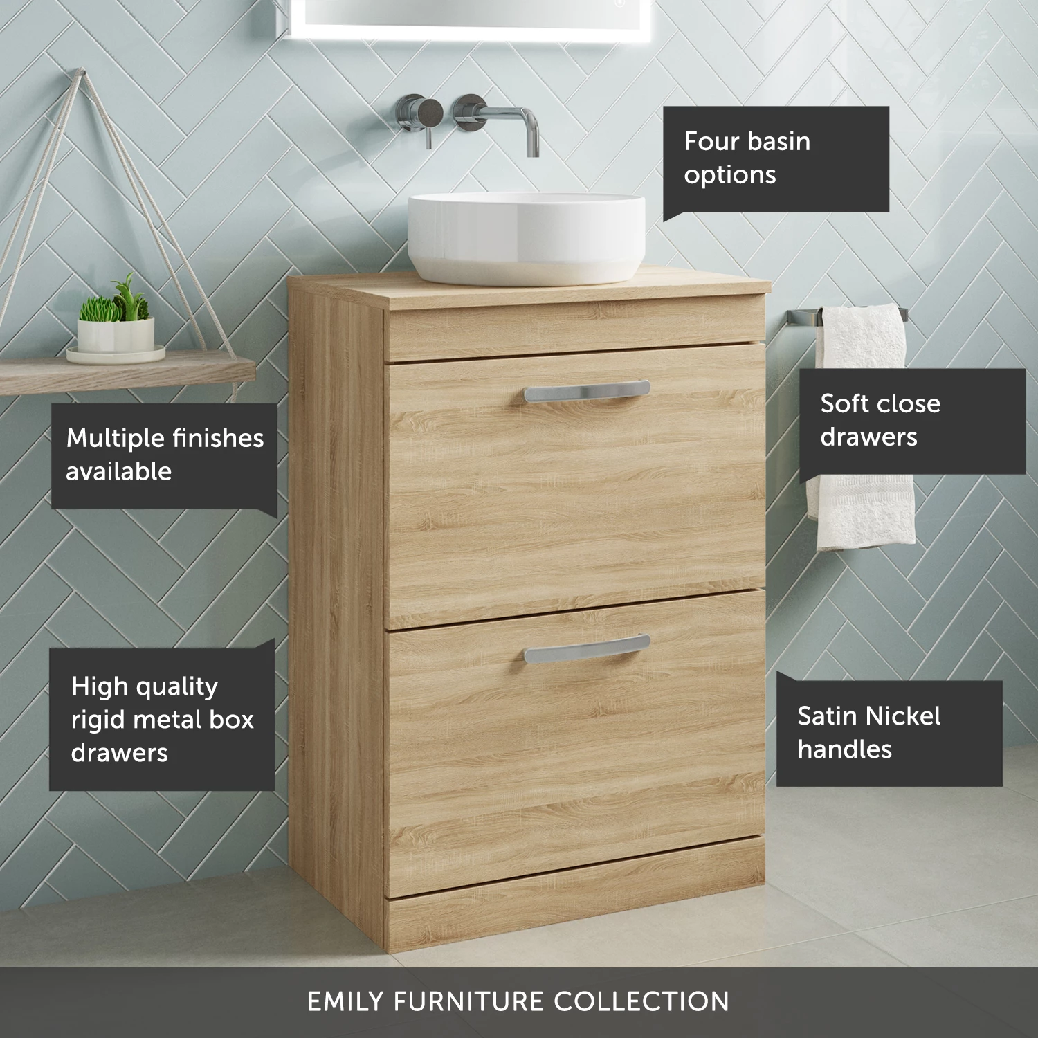 Emily 600mm Floorstanding 2 Drawer Unit In Natural Oak And Alana 460mm Countertop Basin 8 Emily 600mm Floorstanding 2 Drawer Unit In Natural Oak And Alana 460mm Countertop Basin - Image 6