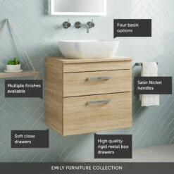 Emily 600mm Wall Mounted 2 Drawer Unit And Countertop - Natural Oak - Hudson Reed Rectangular Countertop Basin 20 Emily 600mm Wall Mounted 2 Drawer Unit And Countertop - Natural Oak - Hudson Reed Rectangular Countertop Basin -TAP WAREHOUSE Shop top 600 wall 2 drawer call outs